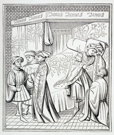 Een getrimd hemelbed met gordijnen, 1873 door French School